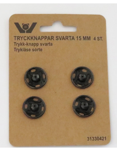 Tryckknappar 15mm Svart 4-pack