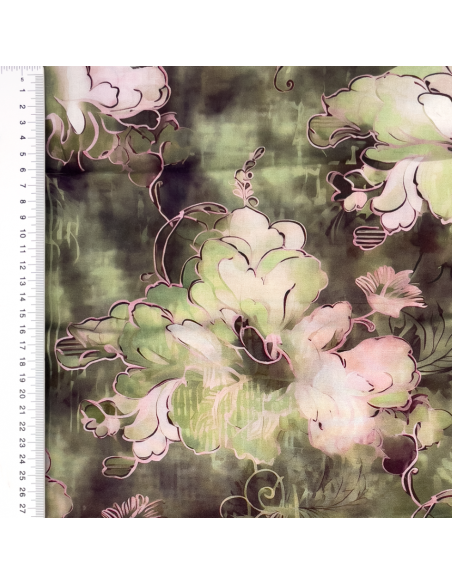Viskos tyg print Grön/Rosa med blommor