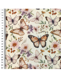 Tyg Lin viskos Off white med ljusrosa/Aprikos Fjäril