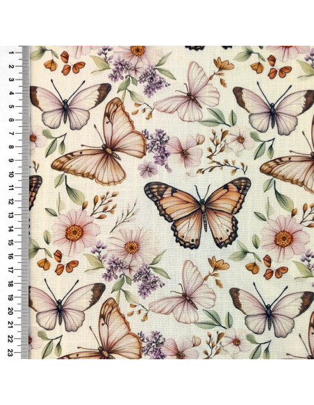 Tyg Lin viskos Off white med ljusrosa/Aprikos Fjäril
