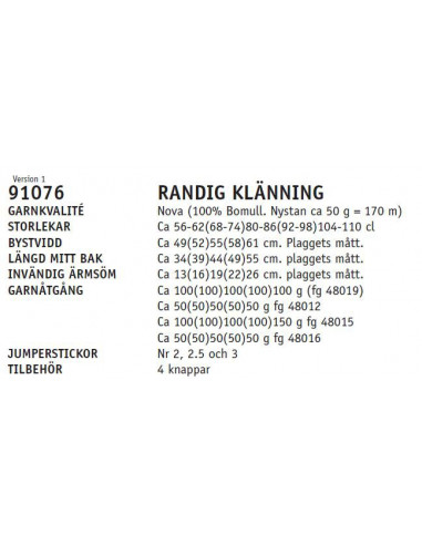 Stickbeskrivning 91076 Nova